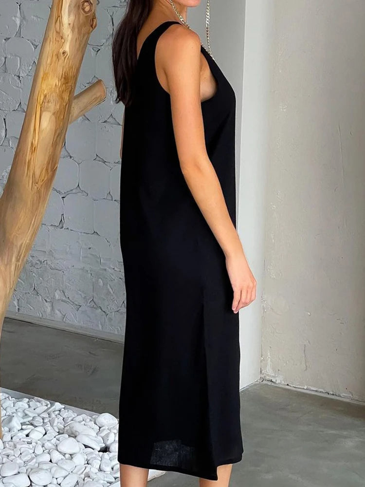Paulina Aesthetic Linen Midi Dress with Slit Premium Wardrobe Essential