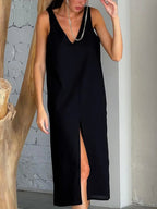 Paulina Aesthetic Linen Midi Dress with Slit Premium Wardrobe Essential