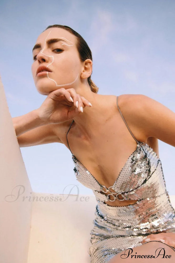 Draped Bra Mini Dress Graceful With Double Metal Ring