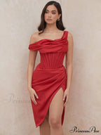 Draped Diva One-Shoulder Charming Corset Bodycon Midi Dress