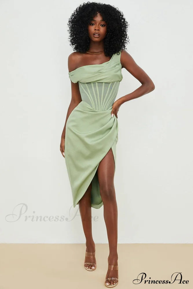 Draped Diva One-Shoulder Charming Corset Bodycon Midi Dress