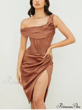 Draped Diva One-Shoulder Charming Corset Bodycon Midi Dress