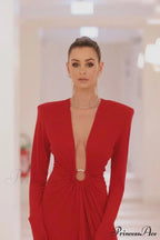 Draped Ring Detailed Charming Deep V Neck Dress