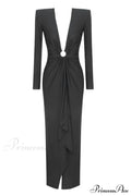 Draped Ring Detailed Charming Deep V Neck Dress