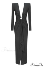 Draped Ring Detailed Charming Deep V Neck Dress
