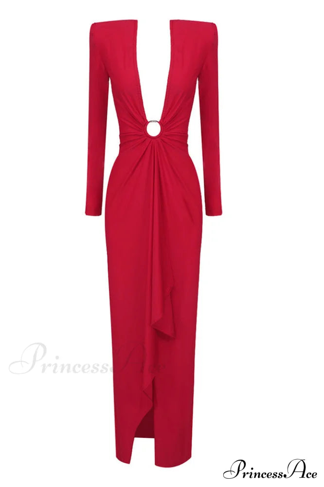 Draped Ring Detailed Charming Deep V Neck Dress