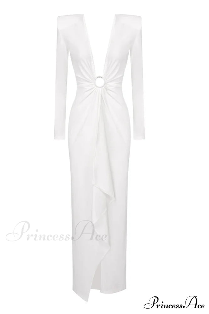 Draped Ring Detailed Charming Deep V Neck Dress