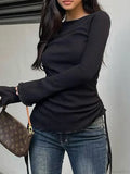 Drawstring Folds Solid Slim O-Neck Long Sleeve Knit Top
