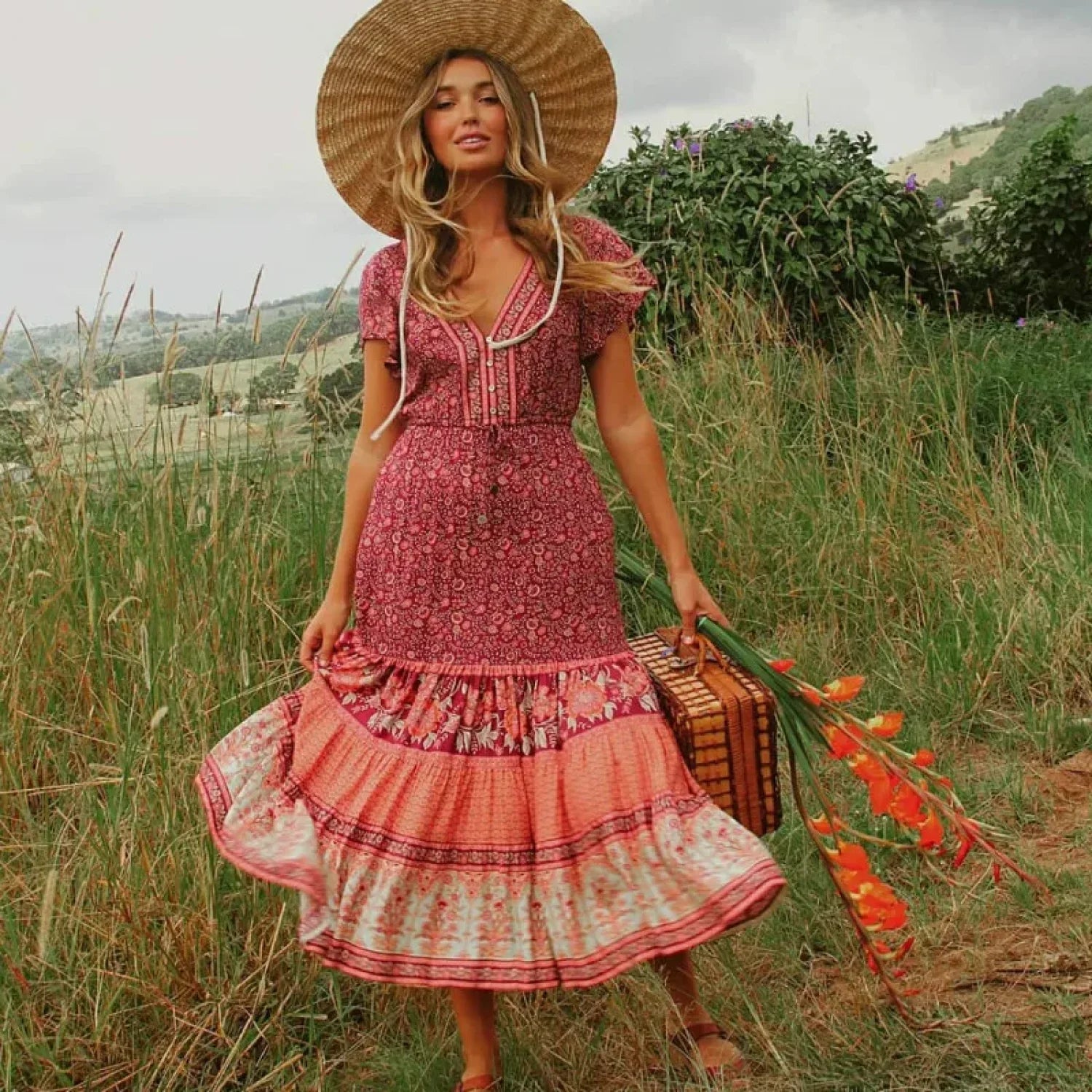 Drawstring Waist Midi Dress Vintage Floral Cotton Casual Summer Dress
