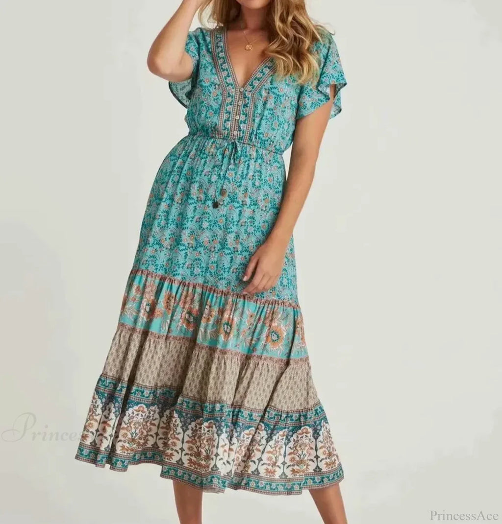 Drawstring Waist Midi Dress Vintage Floral Cotton Casual Summer Dress