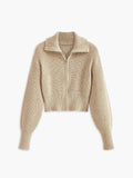 Ribbed Zipper Lapel Cardigan