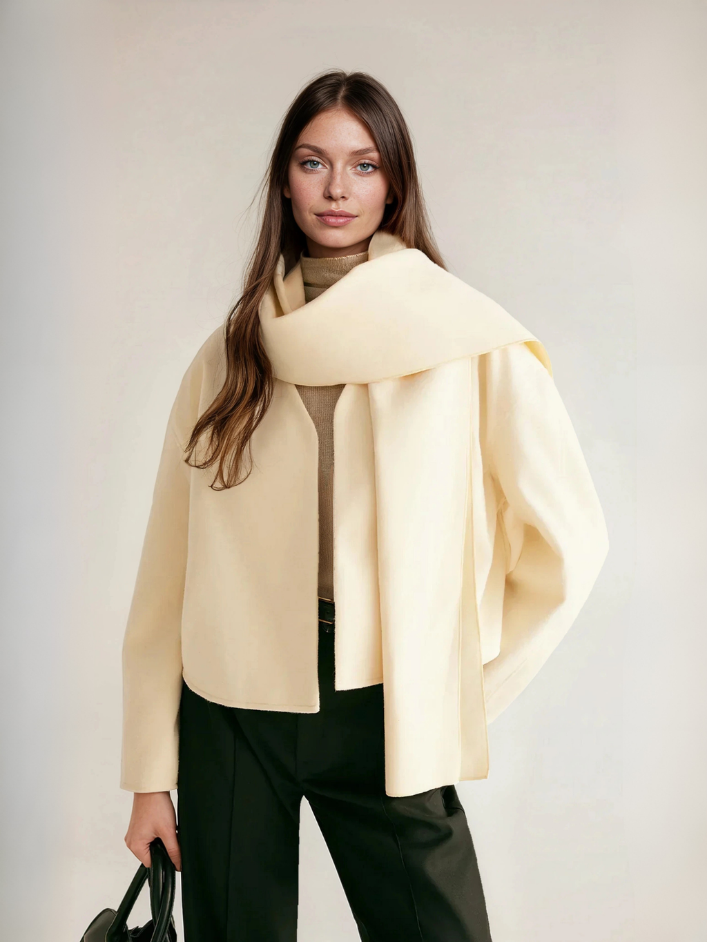 Plain Short Coat With Scarf