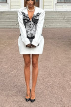 Saela Contrast Lace Corset Design V-neck Long Sleeve Tulip Mini Dress