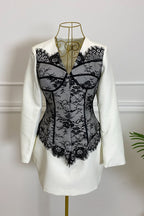 Saela Contrast Lace Corset Design V-neck Long Sleeve Tulip Mini Dress