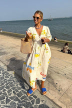 Noelia Premium Printed Linen Midi Dress Elevated Occasion Wear