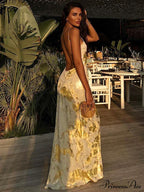 Dulzura Gold Strap V Neck Backless Long Metal Party Club OutFits Y2K Clothes Summer Floral Dress