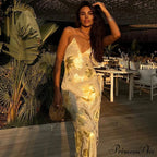 Dulzura Gold Strap V Neck Backless Long Metal Party Club OutFits Y2K Clothes Summer Floral Dress