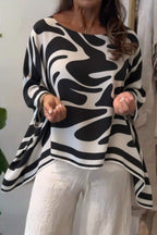 Irregular Print Round Neck Batwing Sleeve Chiffon Loose Top