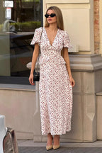 Printed V Neck Puff Sleeve Waist Maxi Dress