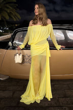 Solid Mesh Sheer Off Shoulder Ruched Elegant Maxi Dress