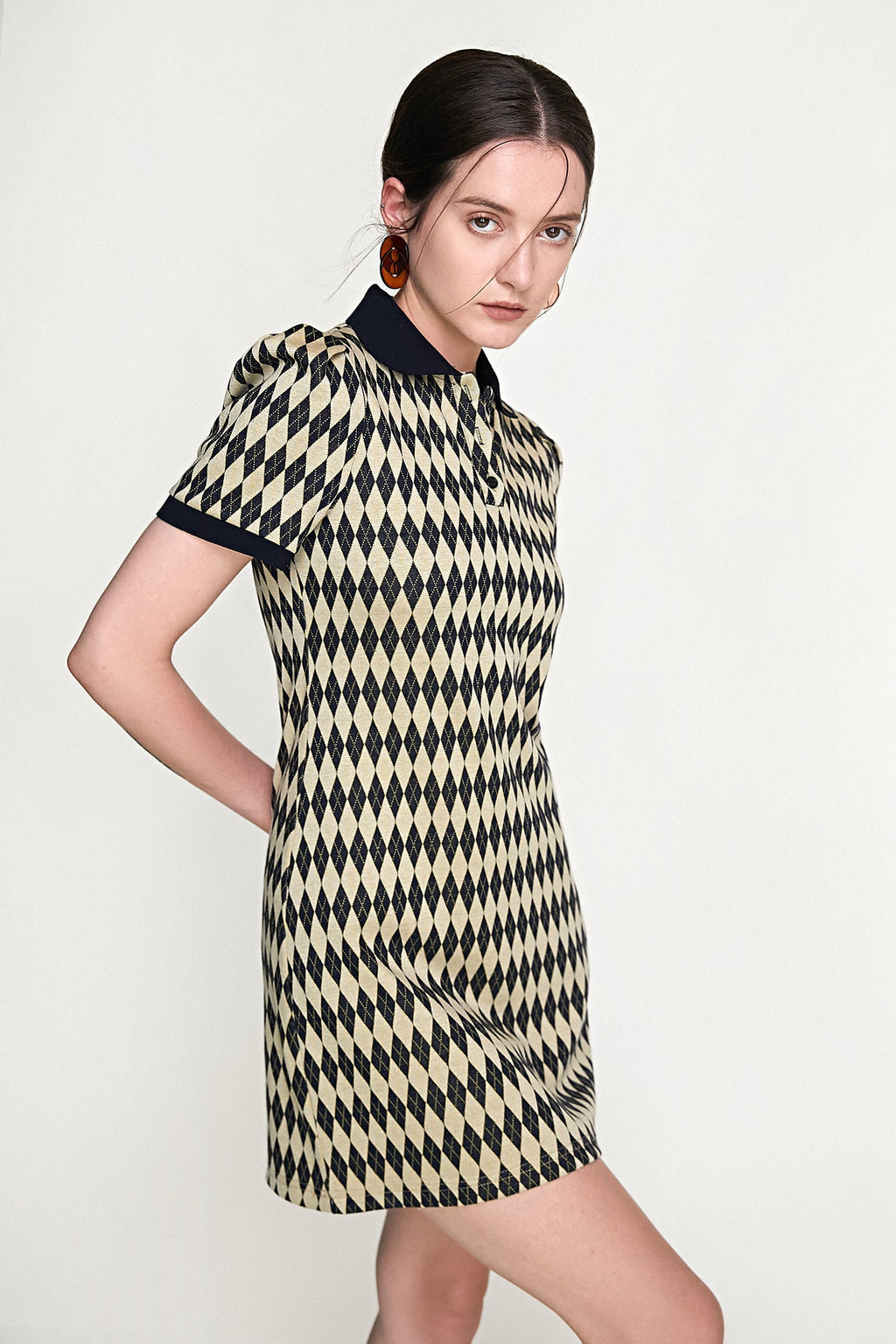 Black Diamond Check Knitted Polo Collar Mini Dress