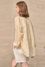 Elegant Sheer Linen Collared Long Sleeve Top