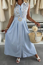 Retro Lace-Trimmed Splicing Striped Print Button-Down Maxi Dress