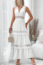 V Neck Lace Patchwork Sleeveless Boho Dress