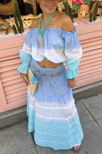 Fashionable Gradient Off Shoulder Long Sleeve Top and Resort Style Spliced Maxi Skirt Set