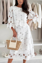 Almina Embroidered Flowers Cutout Bell Sleeve Top and Elastic Waist A-line Midi Skirt Set
