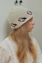 Rabbit Hair Blend Bird Pattern Color Block Knitted Hat