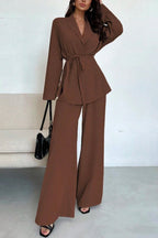 Solid Color Collared Long-sleeved Tie-waist Loose Top and Elastic Waist Casual Wide-leg Pants Set
