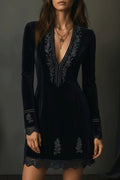 Fashionable Velvet V-neck Long-sleeved Lace-trimmed Mini Dress