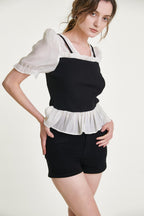 Black Ribbed Ruffled Patchwork Blouse