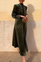 Velvet Puff-Sleeve Stand-Collar Long Coat
