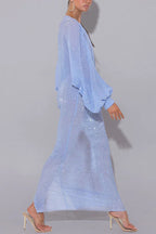 Modern Elegance Sequin Sheer Long Relaxed Sleeve Ruched Drape Maxi Dress