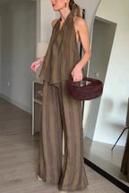 Aloof Style Striped Linen Blend Halter Vest and High Rise Button Pocket Wide Leg Pants Set