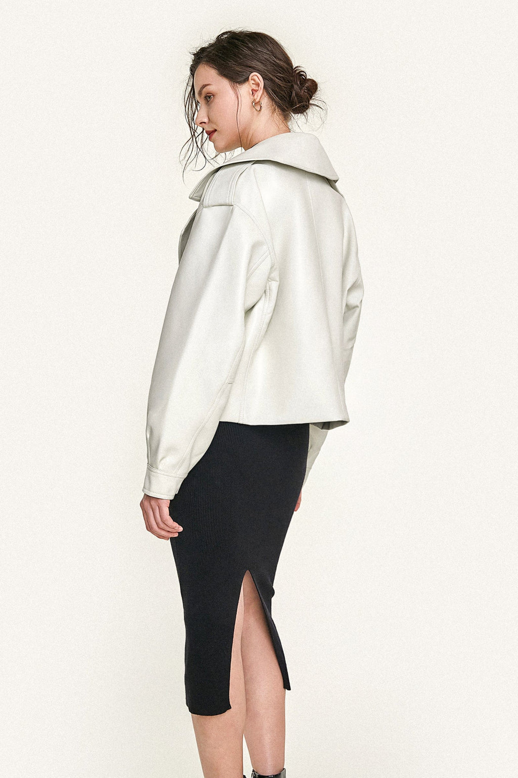 Beige Vegan Leather Pocket Detail Biker Jacket