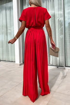 Ivy Cowl Neck Short Sleeve Belt Pleated Loose Wide Leg Jumpsuit