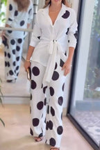 Fashion Lapel Long-sleeved Tie Waist Shirt and Casual Polka Dot Print Wide-leg Pants Set