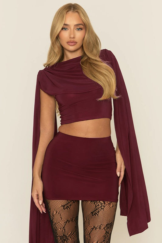 Cowl Neck Shawl Ruched Sexy Two Piece Set