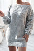 Ribbed Knit Boat Neck Long Sleeve Loose Mini Dress