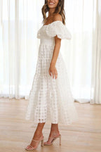 Fashionable One-Shoulder Chiffon Puff Sleeve Swing Midi Dress