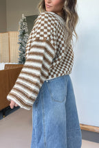 Fashionable Plaid Striped Casual V Long-sleeved Short Knitted Cardigan