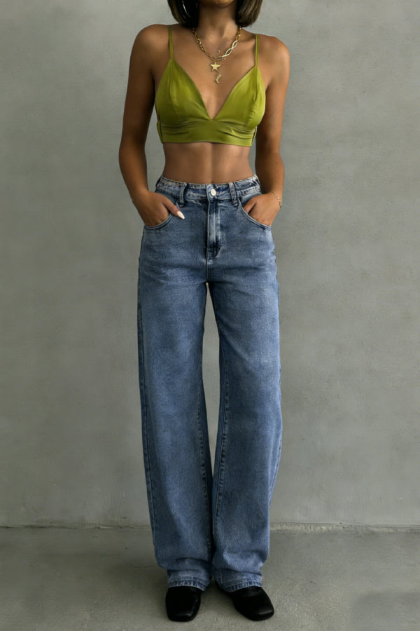 Stylish High-waisted Pocket Casual Stretch Straight Leg Jeans
