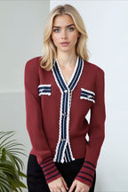 Colorblock Lace Trim V Neck Knit Cardigan