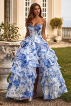 Strapless Floral Print Ruched Elegant Slim Prom Dress