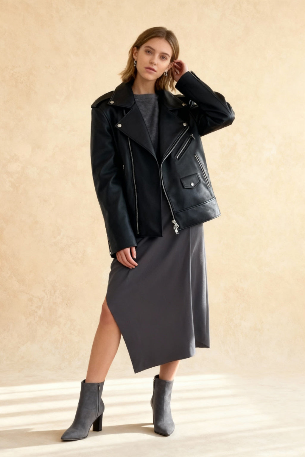 Black Zippers Oversized Leather Coat
