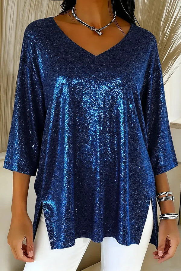Solid Color Loose V-neck Shiny Casual Top