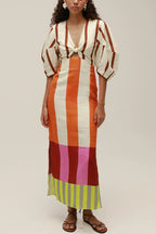 Kaya Linen Blend Color Block Print Front Cutout Knot Puff Sleeve Maxi Dress